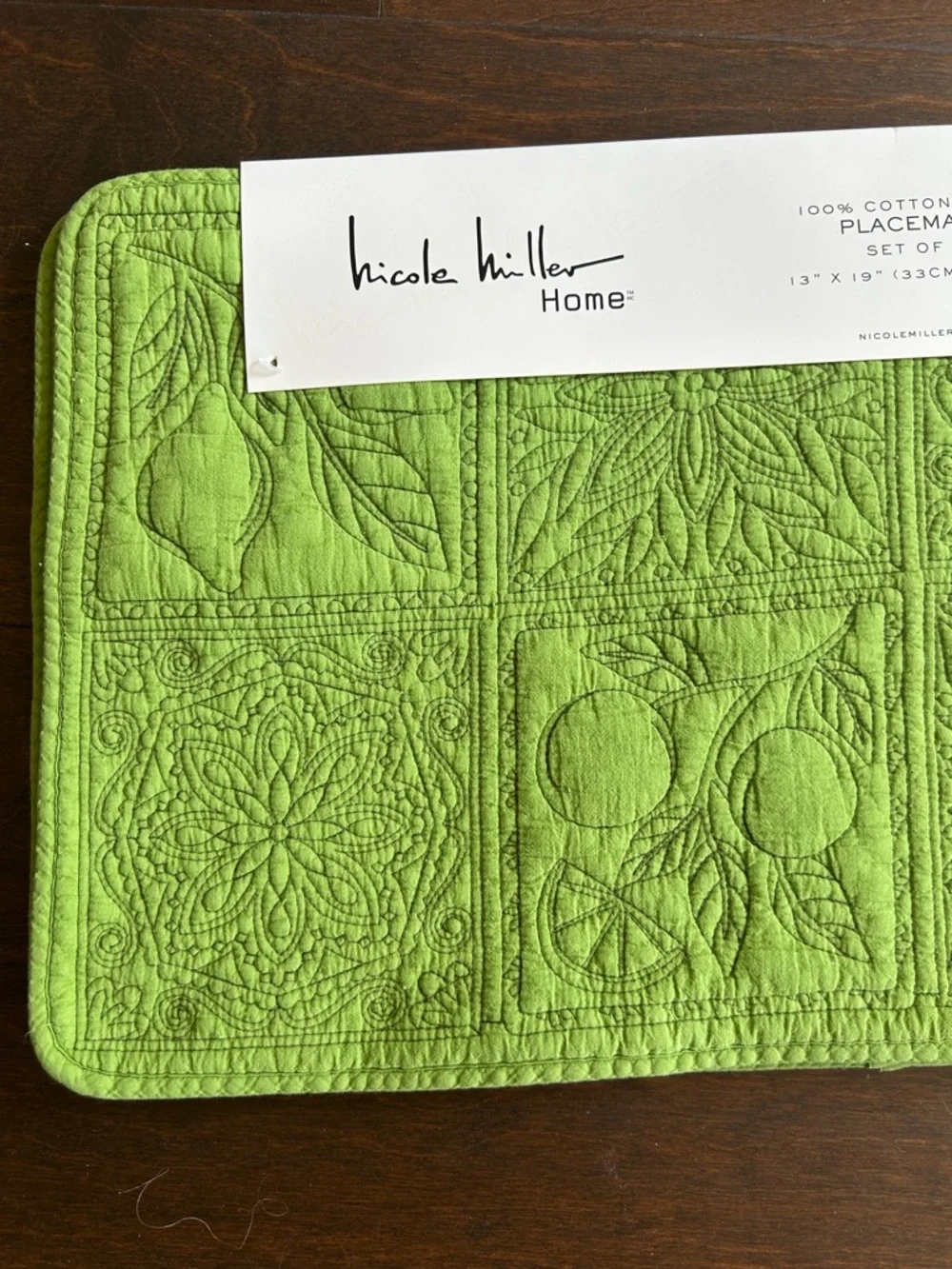 Nicole Miller Home Set Of 4 Quilted Placemats Green Floral Fruits New
